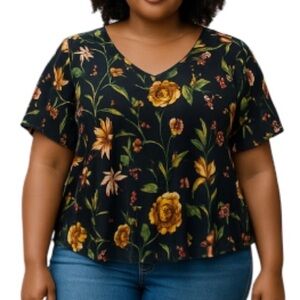 George Floral Print Short Raw Hem Sleeve V-Neck Top Stretch Plus Size 3X